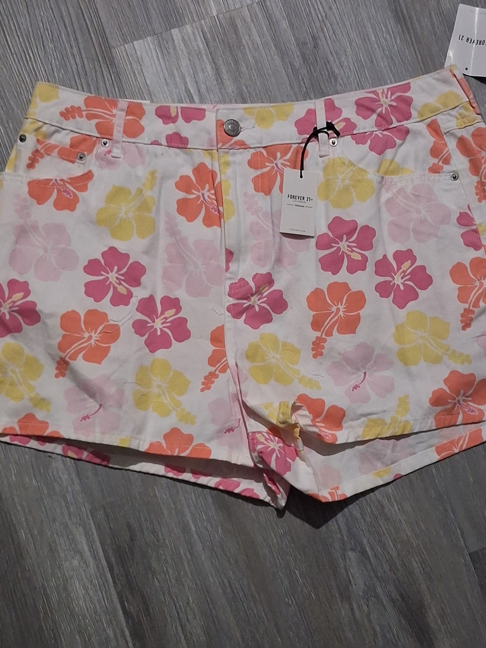 Forever 21 Floral Denim Shorts - Pink, Orange, Yellow on White